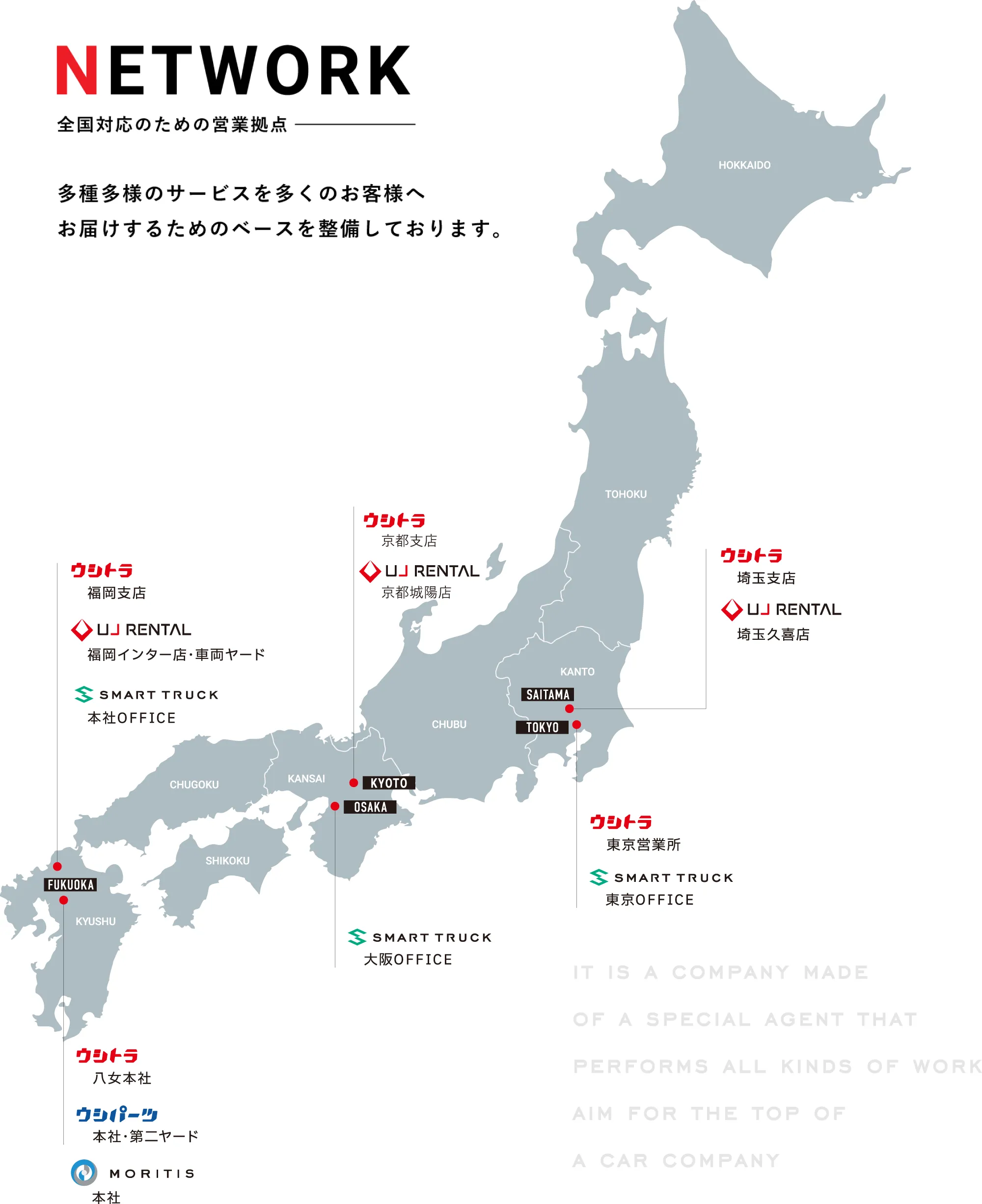 画像：日本地図に各地にある営業拠点の場所が描かれている